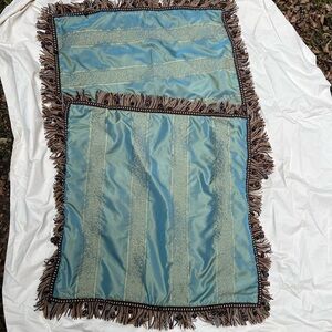 2- Michael Amini Elegant Green blue and Brown beaded Fringed Throw pillow covers